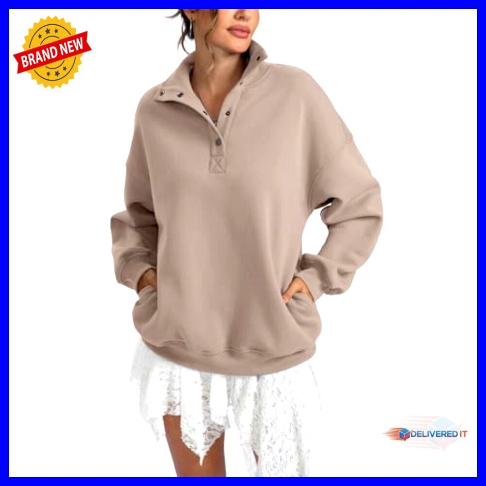 Oversized Fleece Sweatshirt Henley Neck Button Pullover Long Sleeve Top - Picture 4 of 7